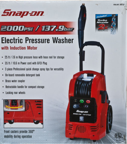 692024 Snap-on pressure washers combine the most advanced features with the performance and durability expected of Snap-on. Perfect for small to medium cleaning jobs, the Snap-on Electric Pressure Washer generates 1,650 PSI of water pressure and offers adjustable flow and spray pattern, making it ideal for cleaning RV’s, motorcycles, ATVs, boats, trailers, decks, barbeques, siding and more.